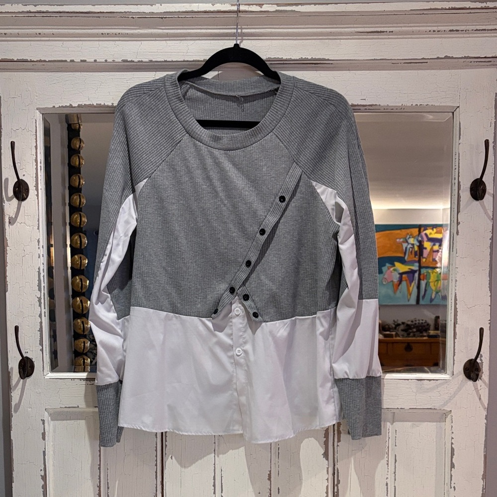 Gray and White Button-Up Sweater
